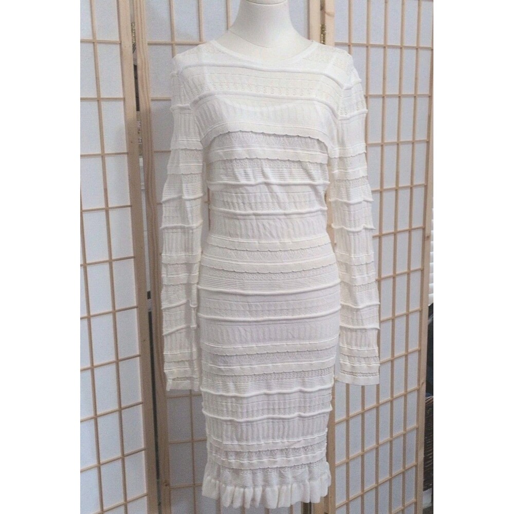 Cache Women's White Knit Ruffle Hem Pencil Bodycon Dress XXS